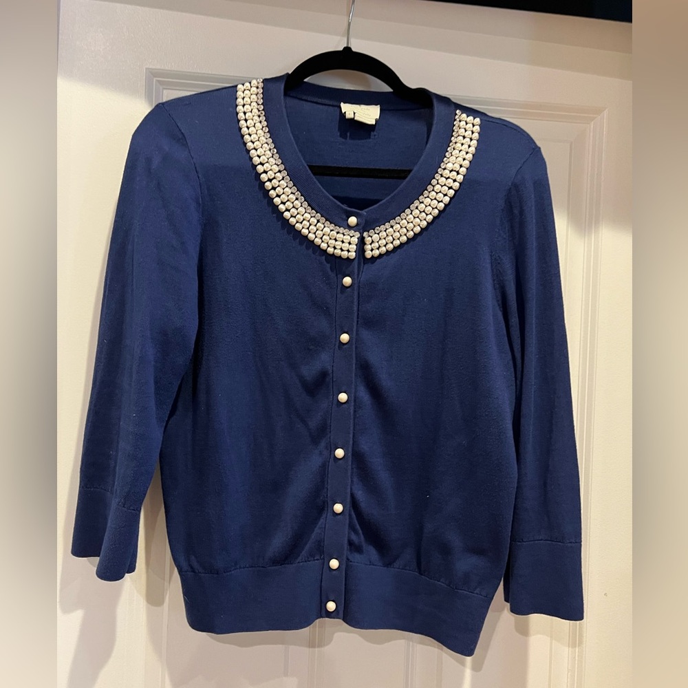 Kate Spade navy blue, pearl button, jeweled collar cardigan- BEAUTIFUL!